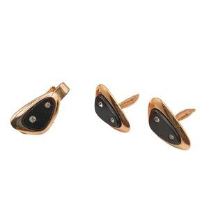 Vtg Sarah Coventry Faux Black Onyx CZ Tie Clip Cuff Links Set Gold Tone Estate